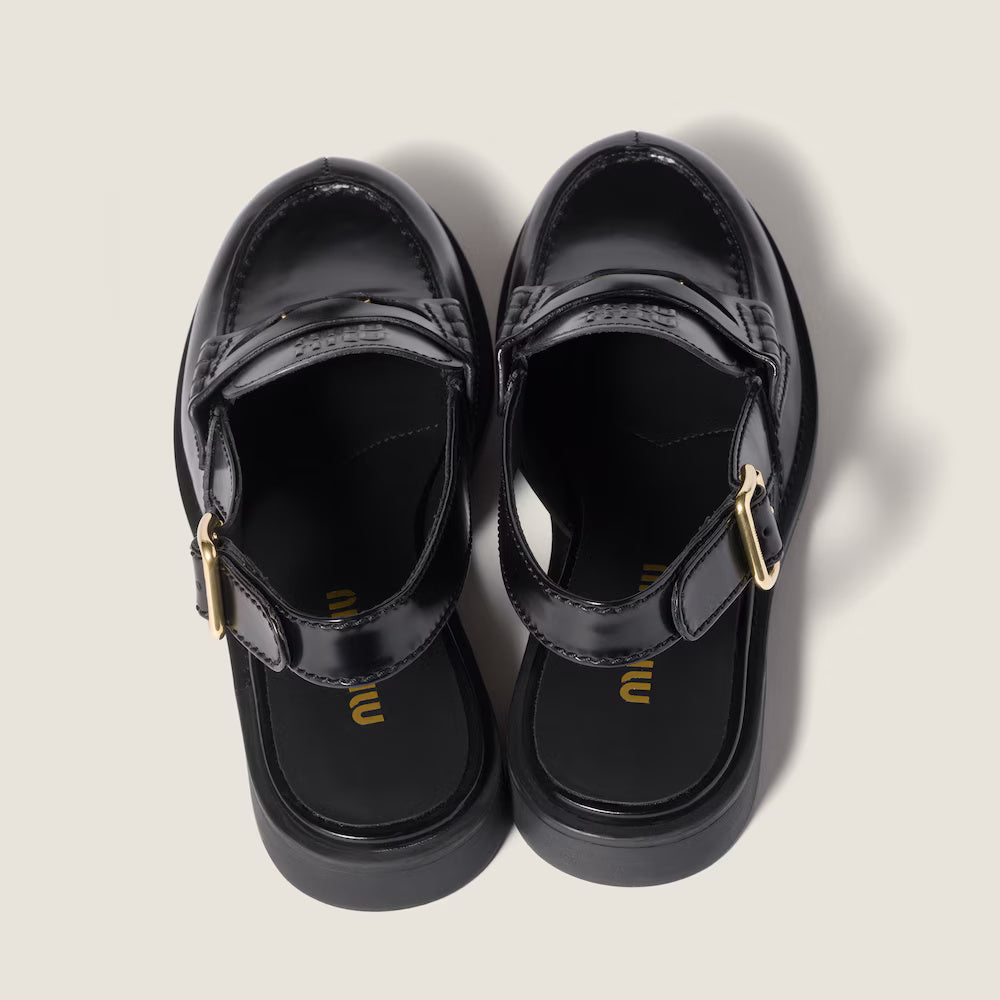 Brushed Leather Slingback Loafers Black