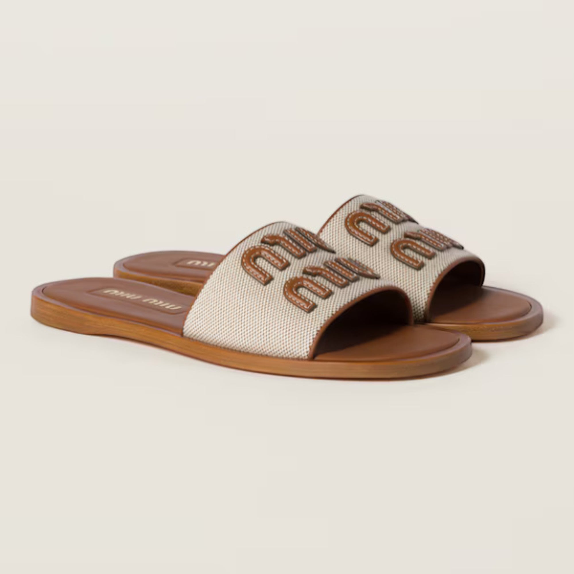 Canvas and Leather Slides Beige Brandy
