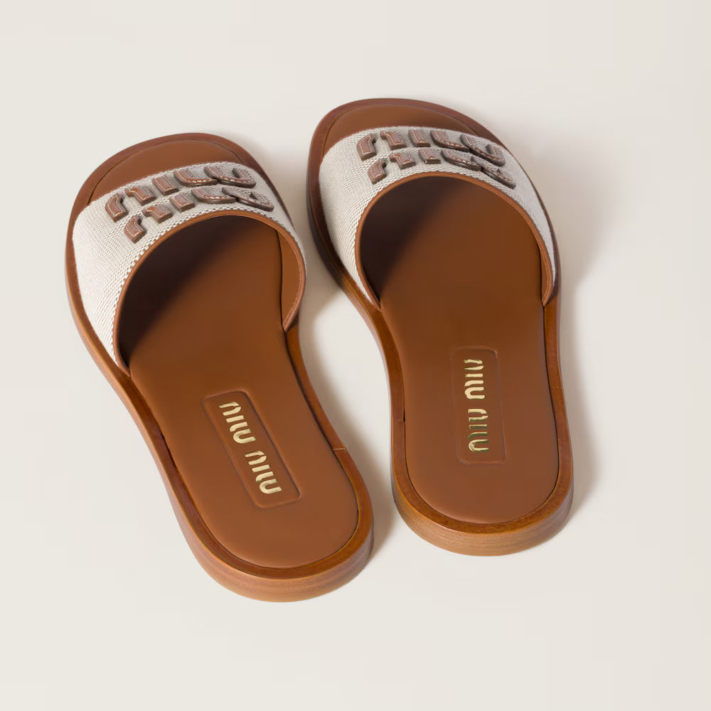 Canvas and Leather Slides Beige Brandy