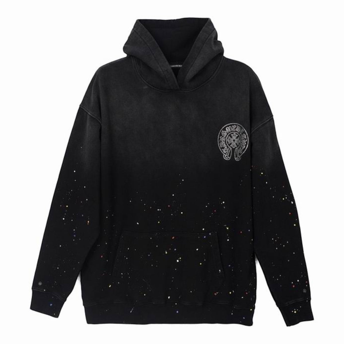 Paint Splatter Horseshoe Cross Hoodie Washed Black