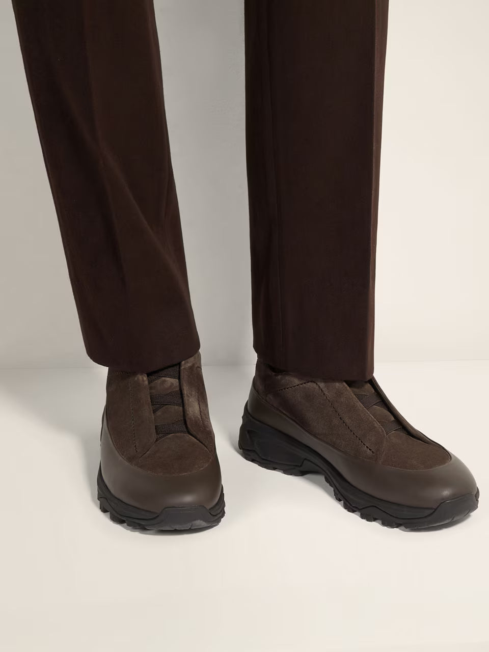 Zegna Dark Brown Leather and Suede Triple Stitch™ Monte Sneakers