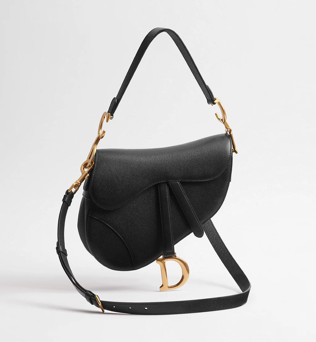 Dior Saddle Bag with Strap in Black Grained Calfskin