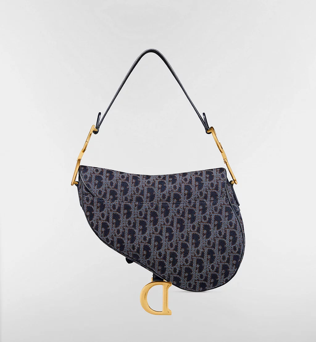 Dior Saddle Bag with Strap in Blue and Tobacco Oblique Denim