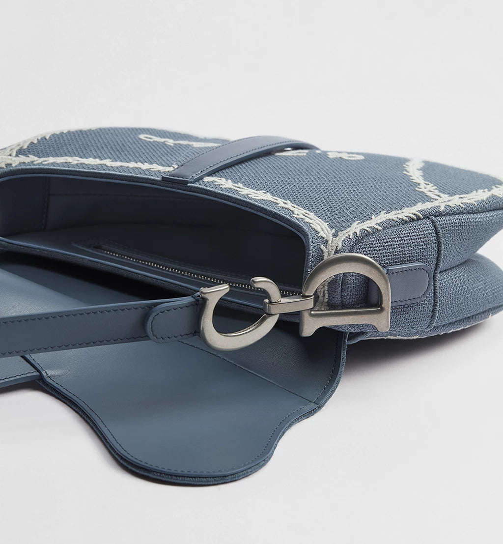 Dior Saddle Bag with Strap in Blue and White Book Cover Embroidery