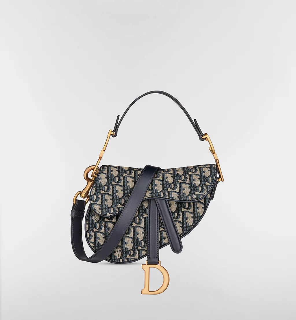 Dior Mini Saddle Bag with Strap in Blue Oblique Jacquard