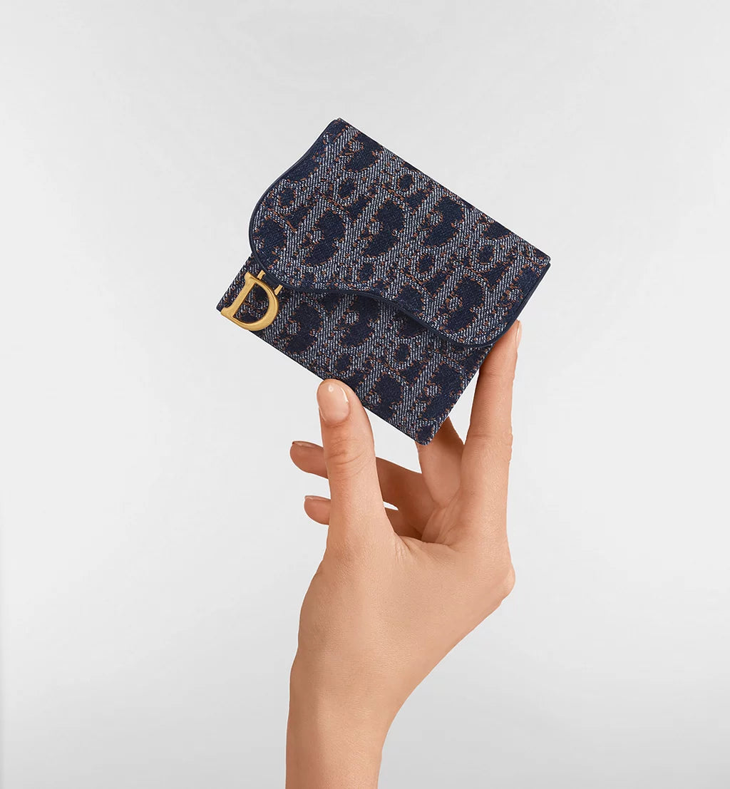 Dior Saddle Lotus Wallet in Blue and Tobacco Brown Oblique Denim