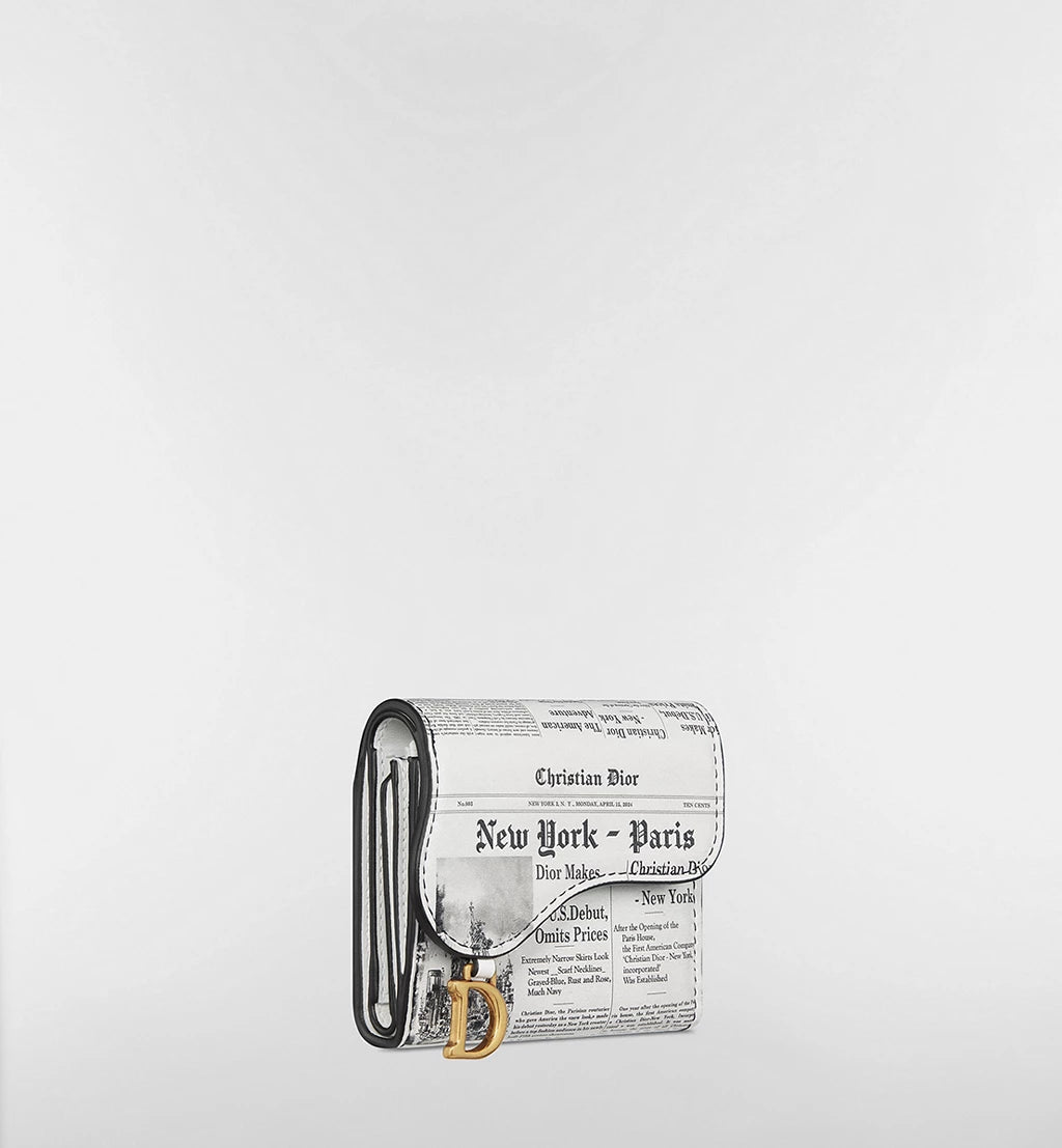 Dior Saddle Lotus Wallet in White and Black Calfskin with Newspaper Print