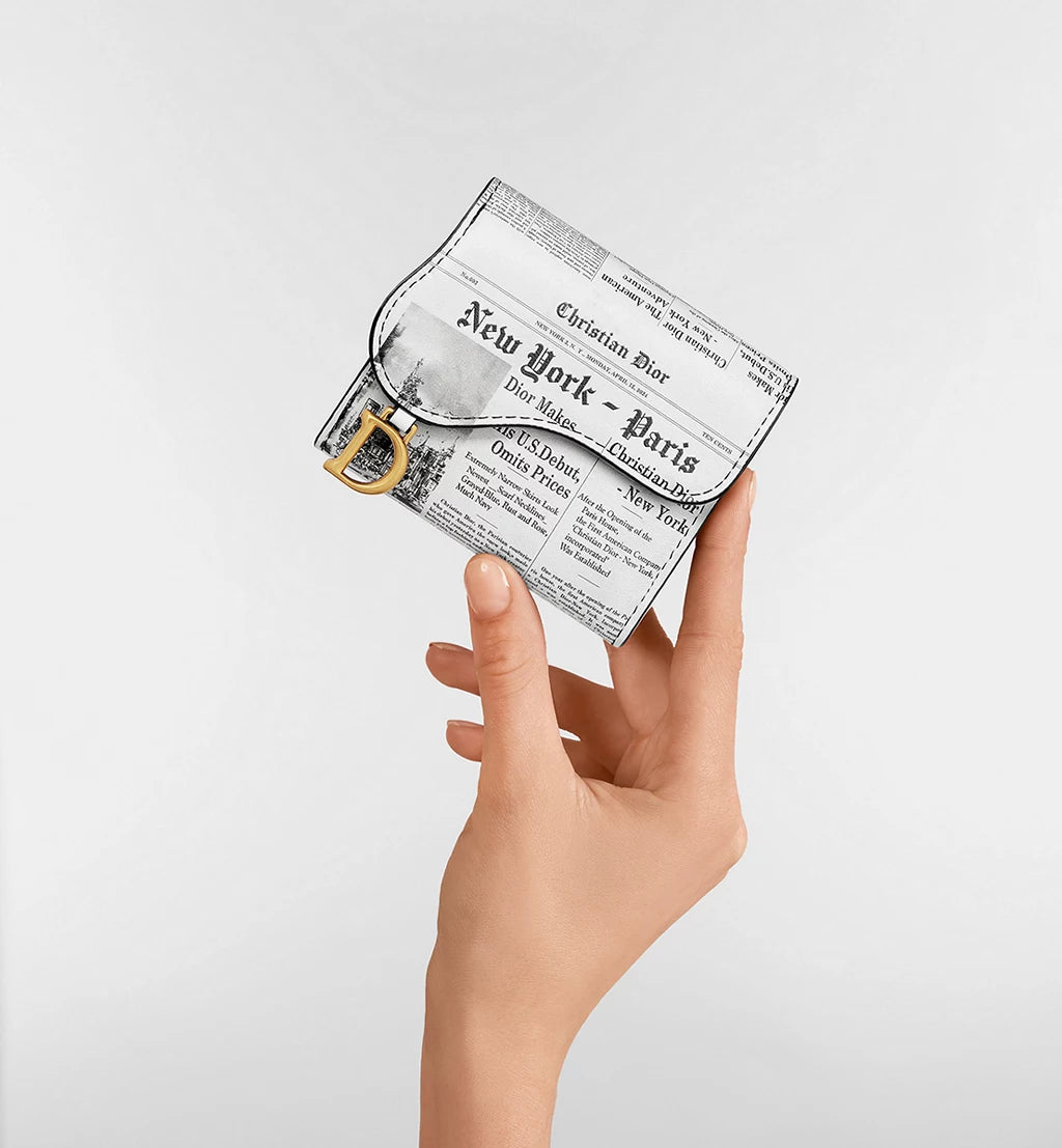 Dior Saddle Lotus Wallet in White and Black Calfskin with Newspaper Print