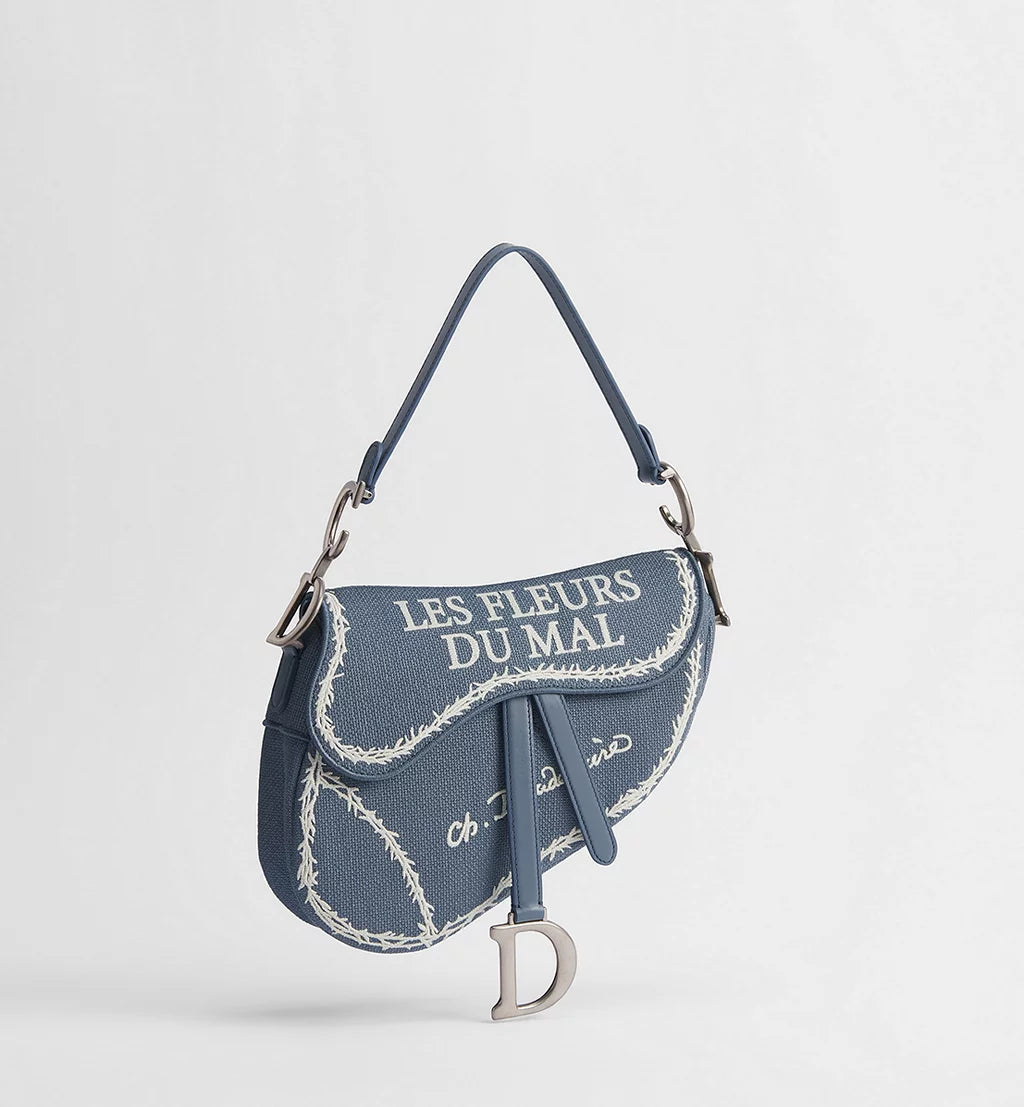 Dior Saddle Bag with Strap in Blue and White Book Cover Embroidery
