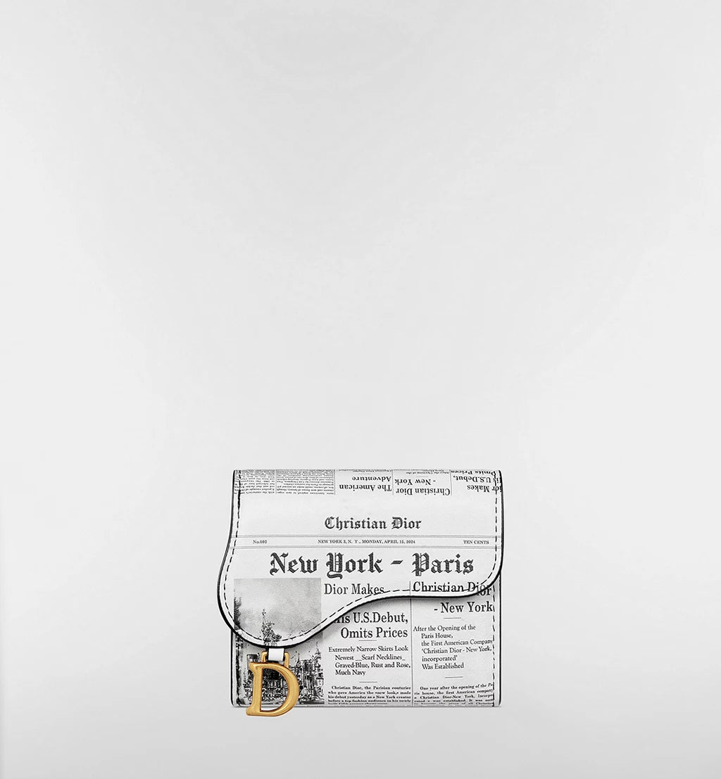 Dior Saddle Lotus Wallet in White and Black Calfskin with Newspaper Print
