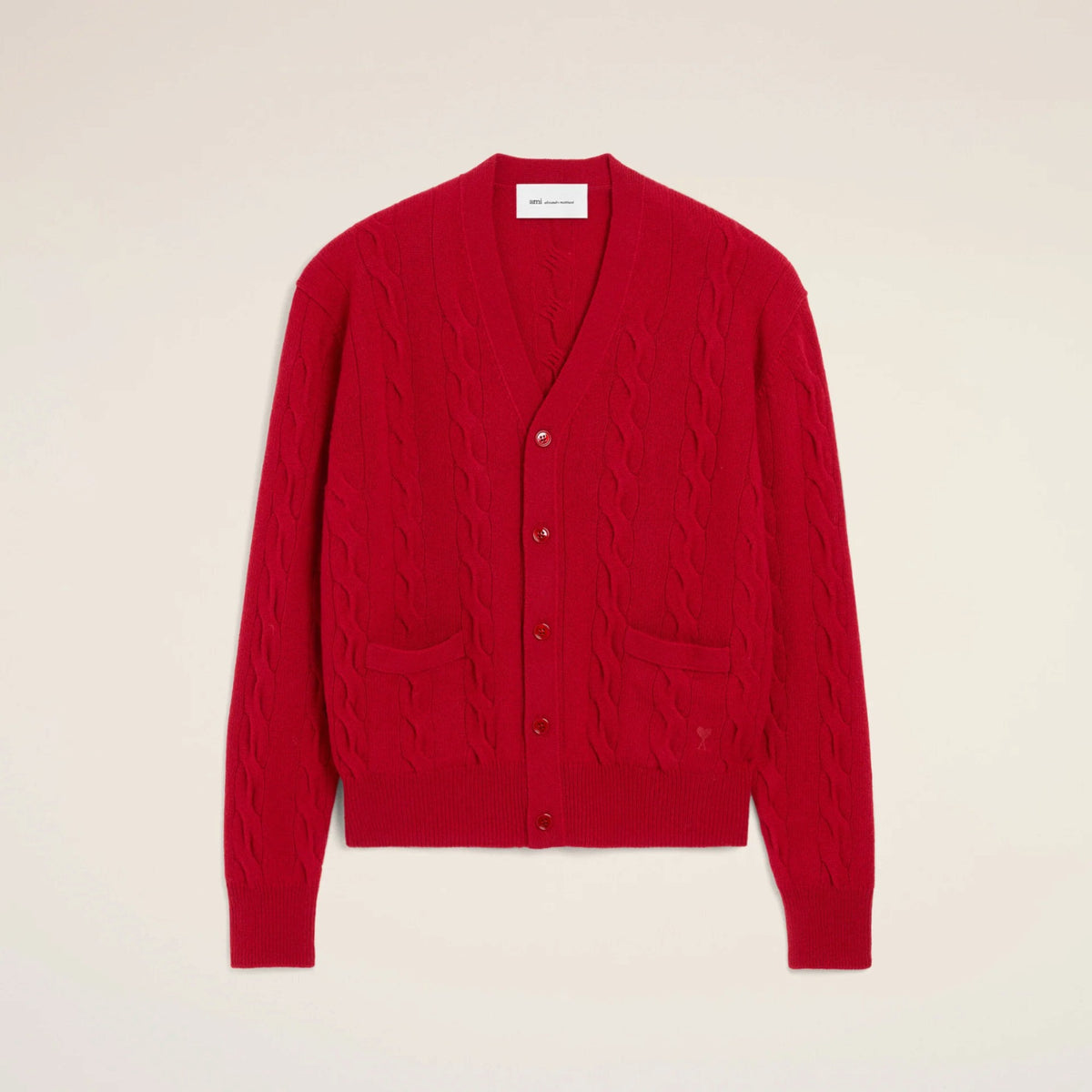 Cable Knit Wool Cardigan Ruby Red