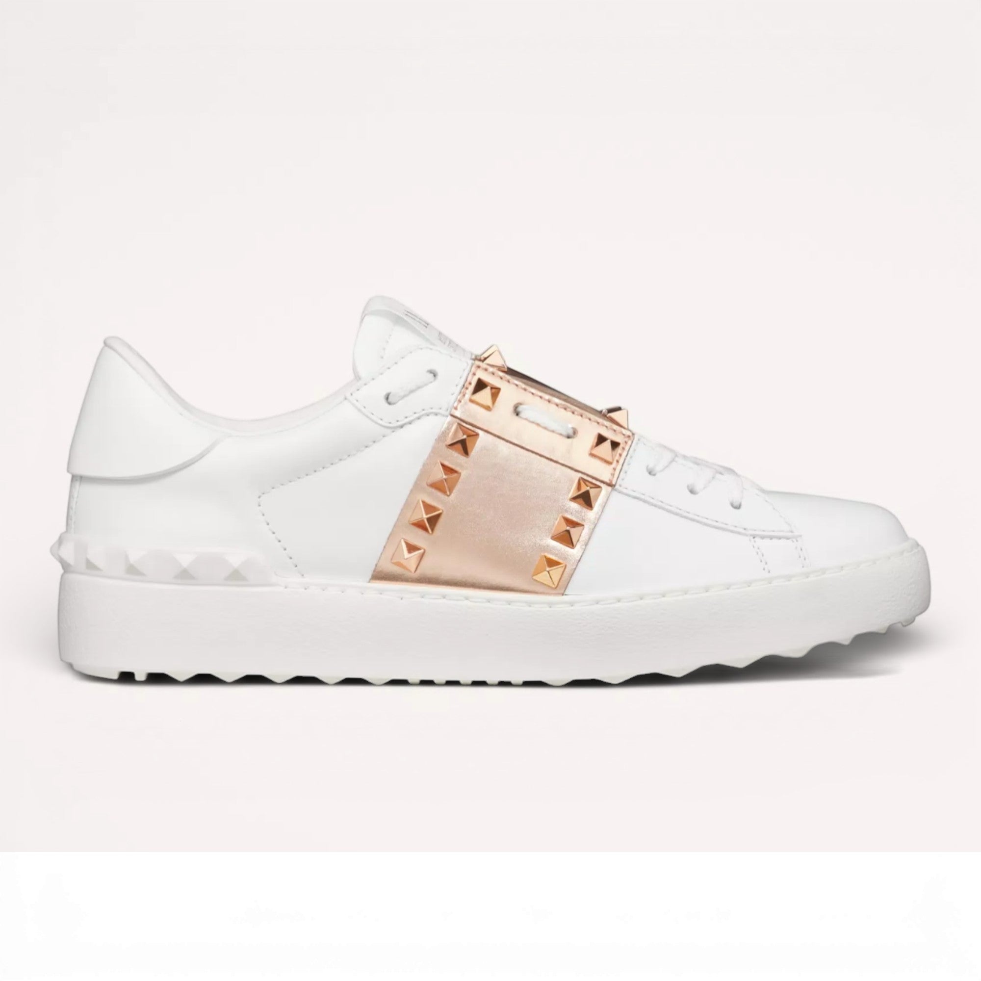 Valentino Garavani Rockstud Untitled sneaker in White/Gold calfskin leather