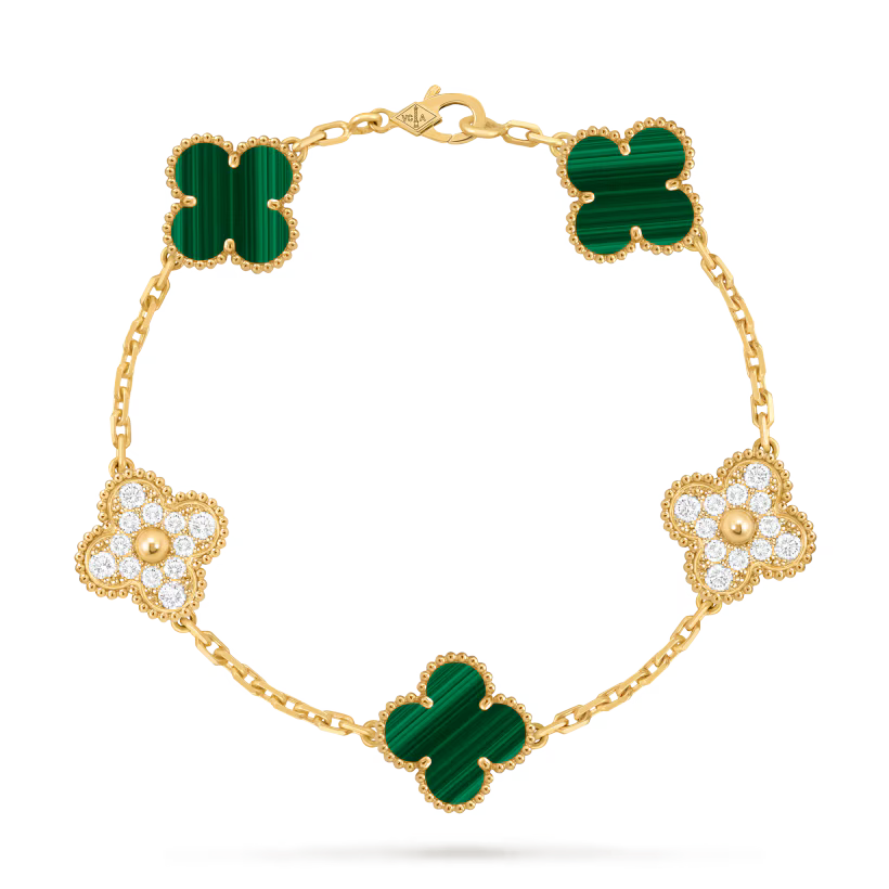Vintage Alhambra Bracelet 5 Motifs Diamond Malachite