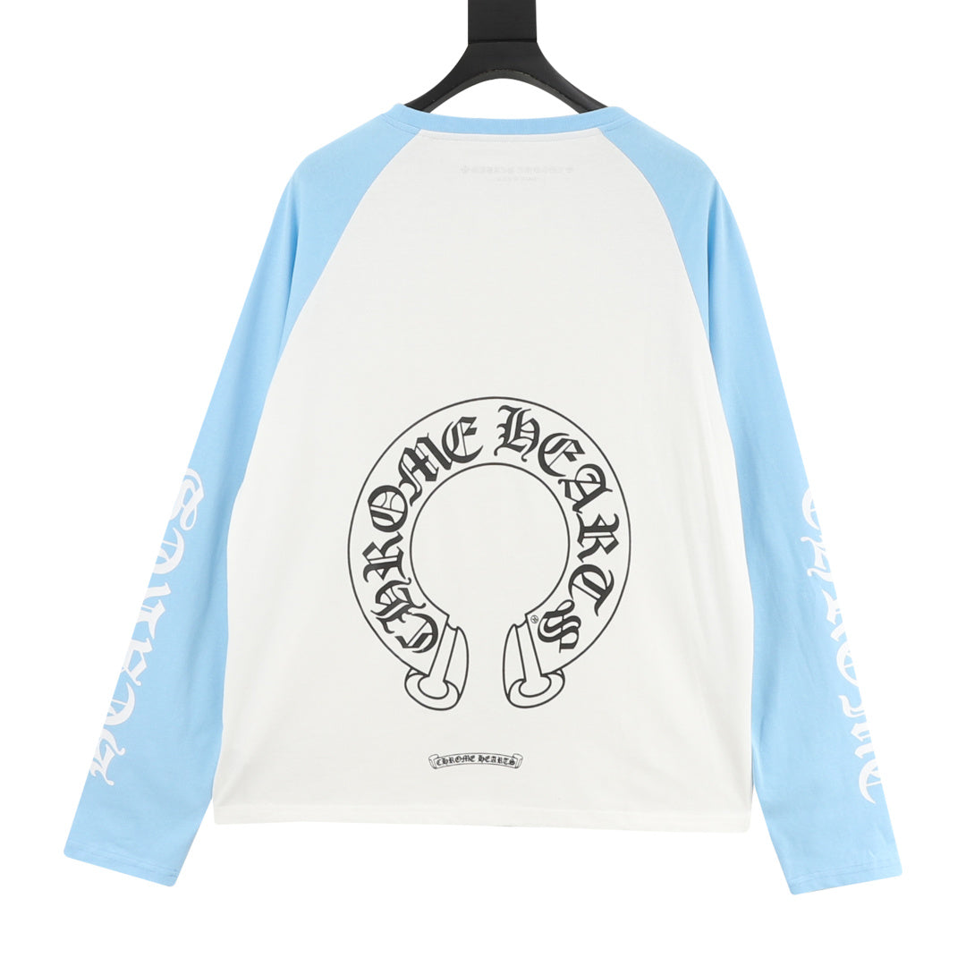 Horseshoe Baseball Long Sleeve T-Shirt White & Light Blue