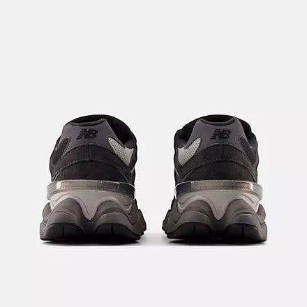 Aurore New Balance 9060 sneakers in black, castlerock, and rain cloud grey with suede and mesh details.