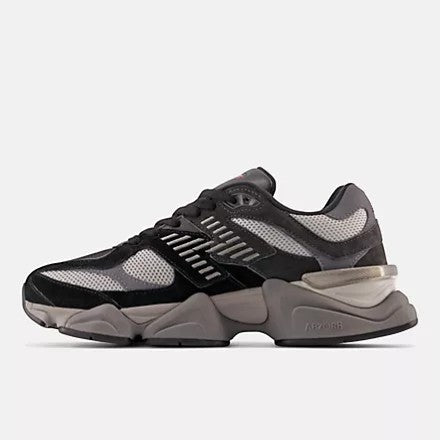 Aurore New Balance 9060 sneakers in black, castlerock, and rain cloud grey with mesh and suede details.
