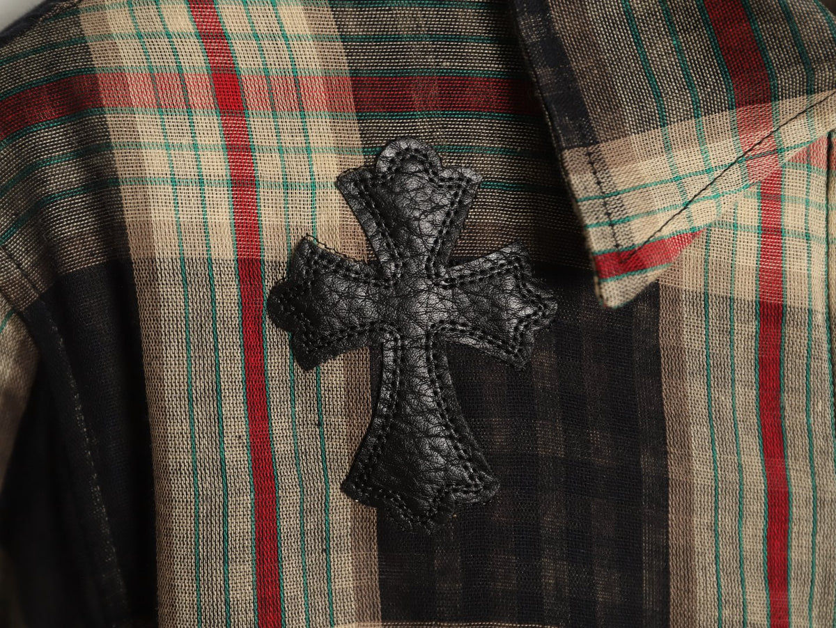 Leather Cross Patch Plaid Flannel Shirt