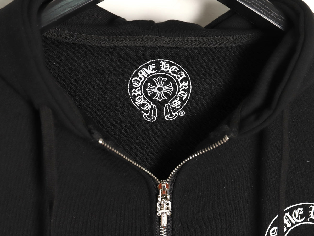 Horseshoe Floral Cross Sleeve Zip-Up Hoodie Black
