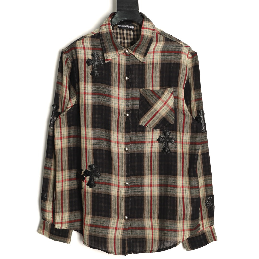 Leather Cross Patch Plaid Flannel Shirt