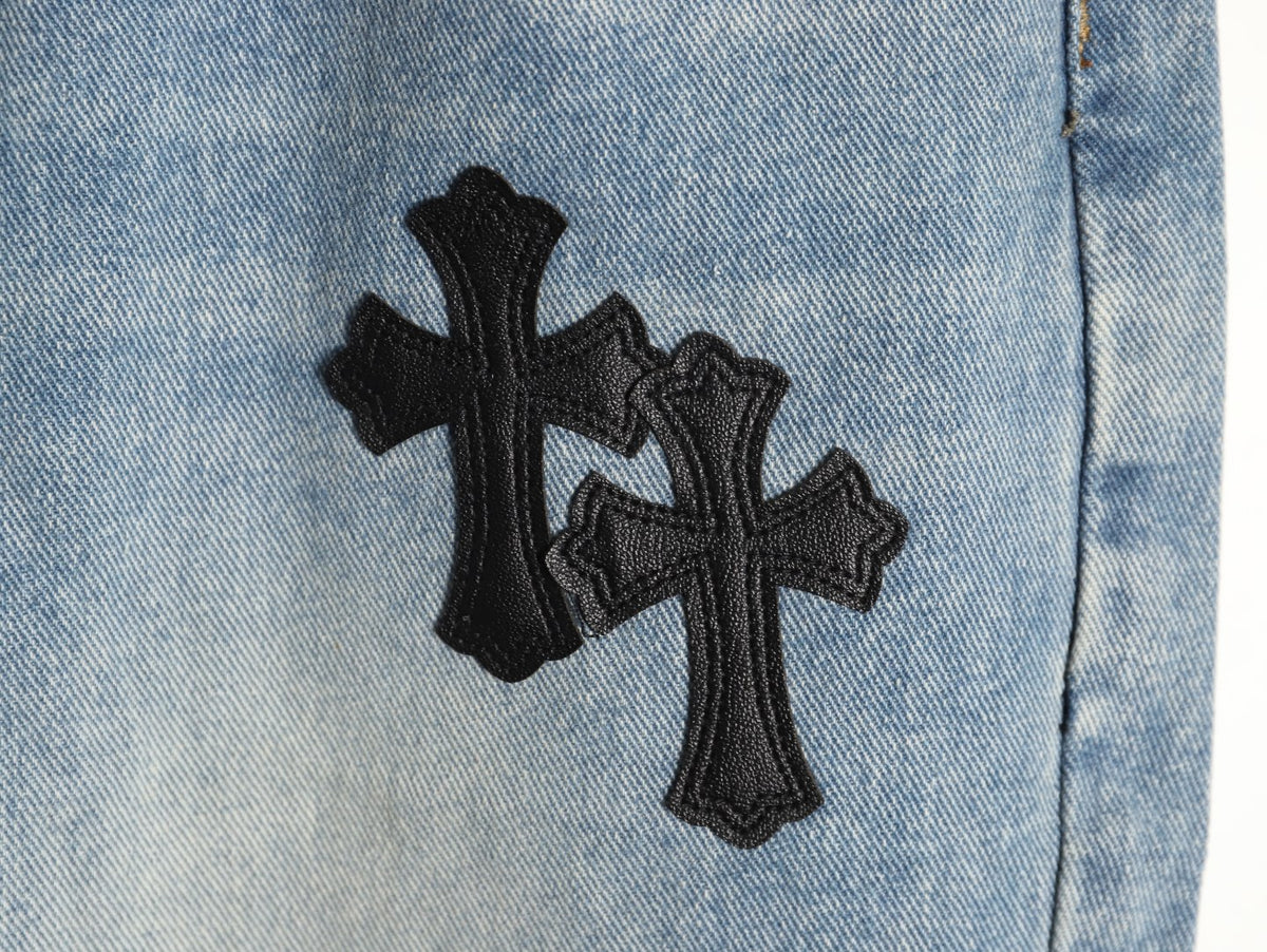 Gothic Cross Patch Denim Jeans Light Blue Wash