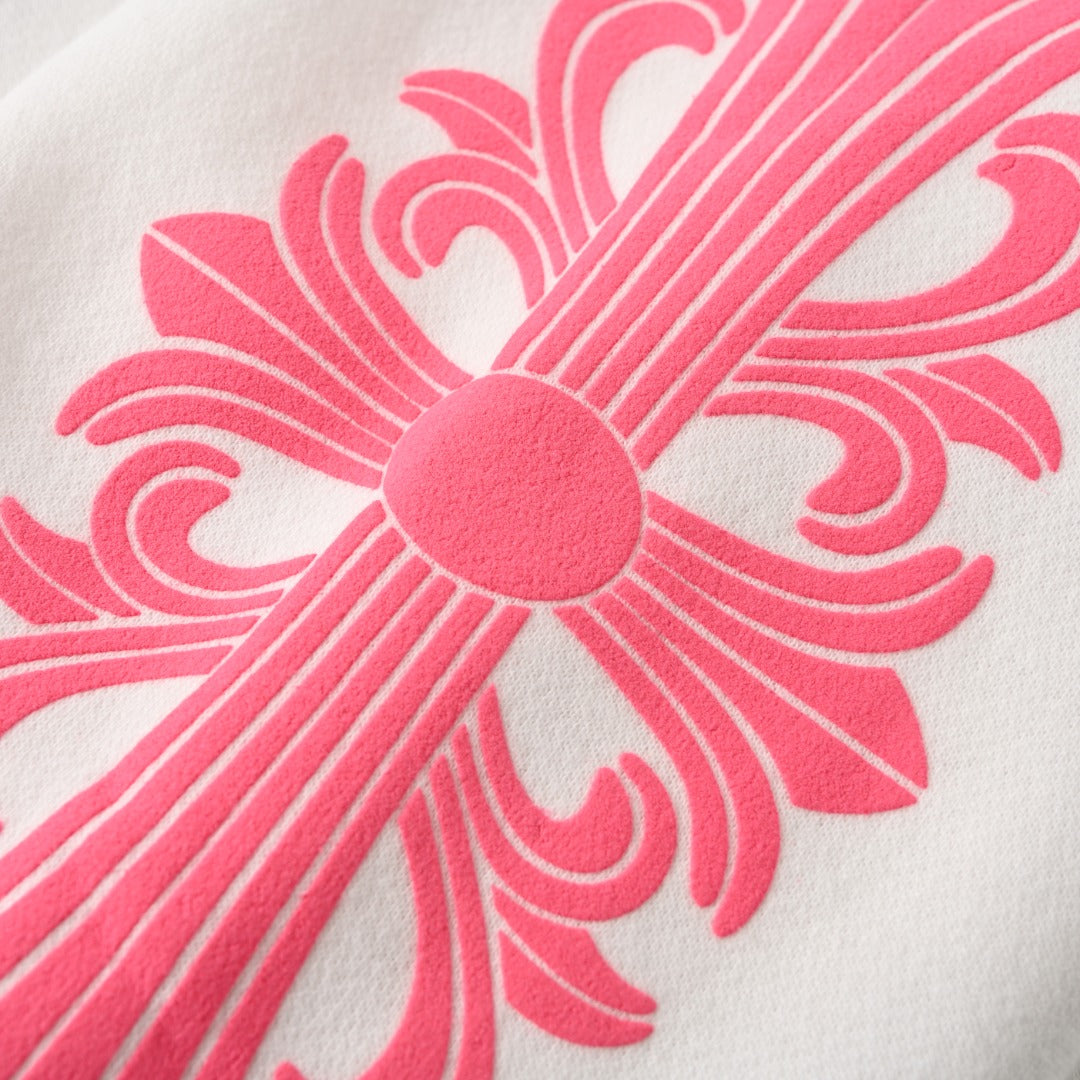 Pink Horseshoe Floral Sleeve Pullover Hoodie White