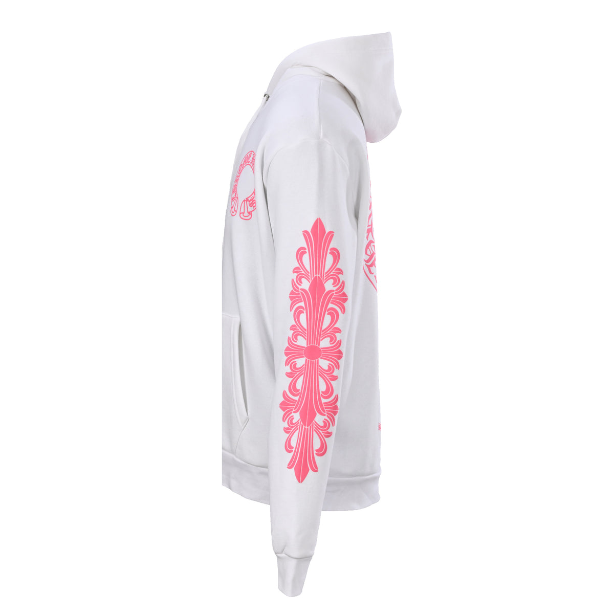 Pink Horseshoe Floral Sleeve Pullover Hoodie White