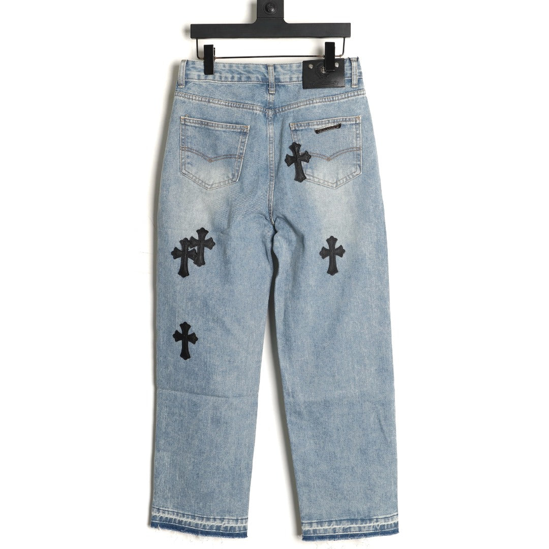 Gothic Cross Patch Denim Jeans Light Blue Wash