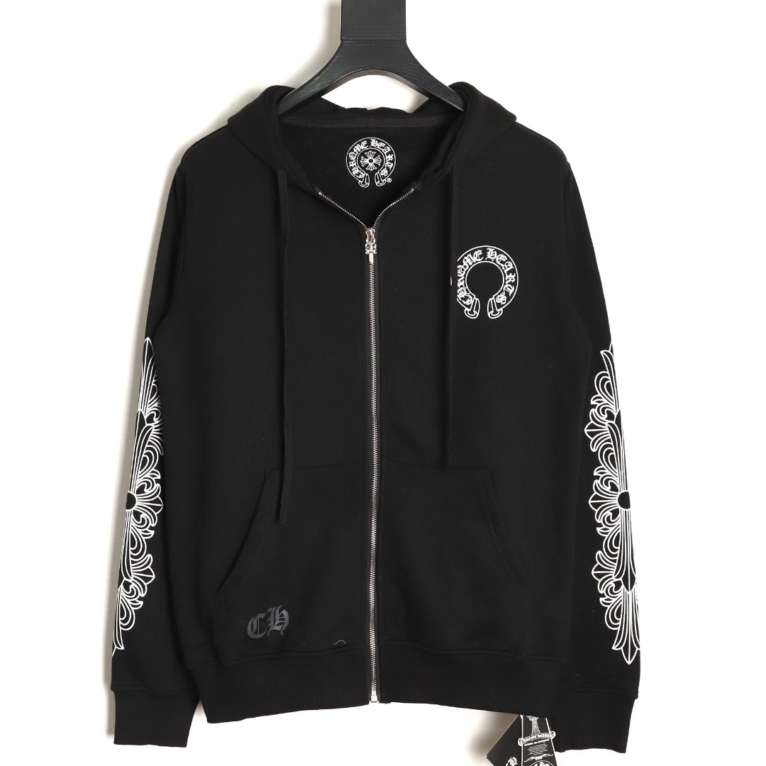 Horseshoe Floral Cross Sleeve Zip-Up Hoodie Black