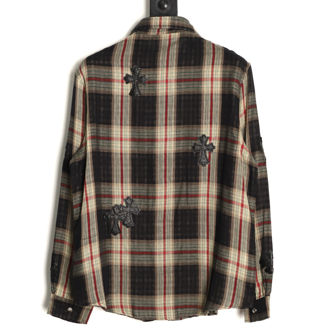 Leather Cross Patch Plaid Flannel Shirt