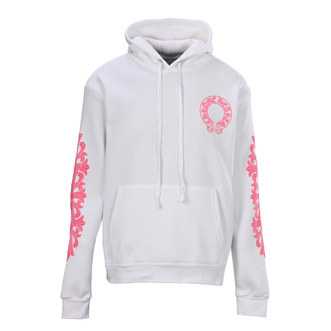Pink Horseshoe Floral Sleeve Pullover Hoodie White