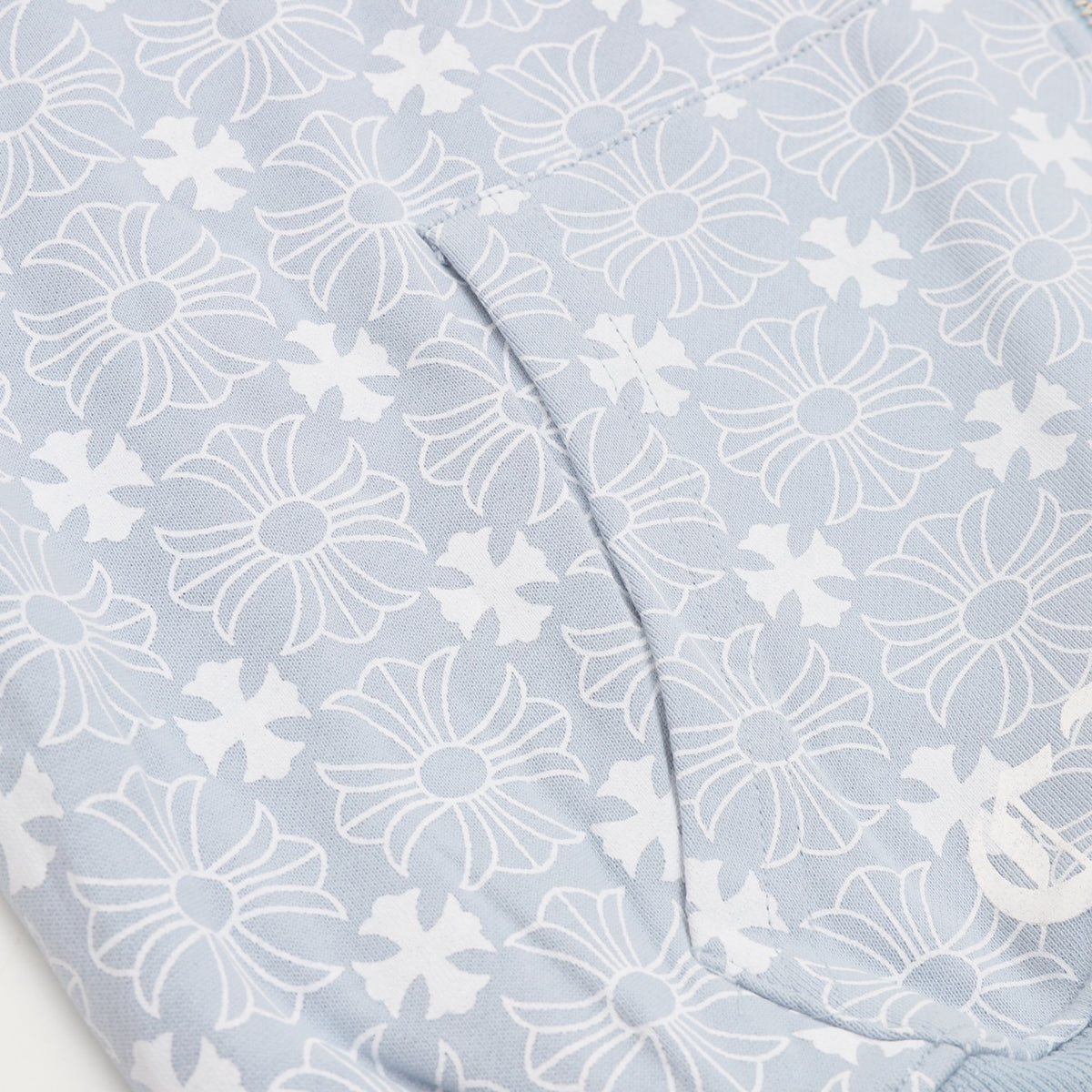 Floral Cross Zip-Up Hoodie Light Blue