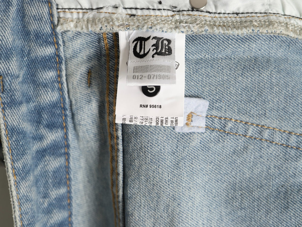 Gothic Cross Patch Denim Jeans Light Blue Wash