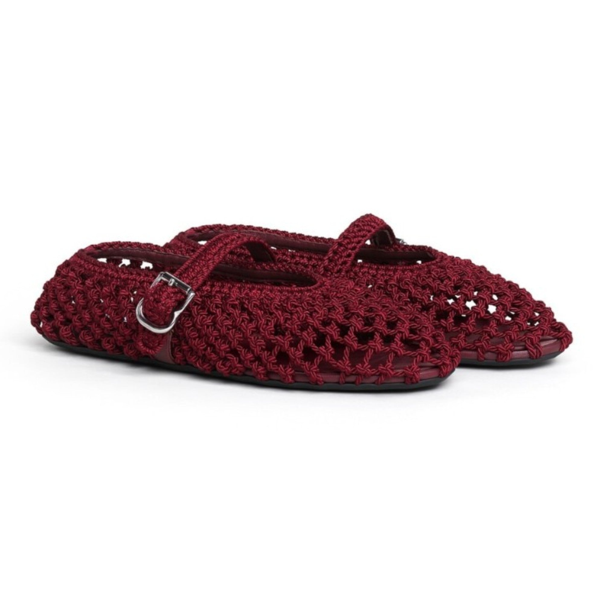 Woven Leather Mary Jane Ballerinas Burgundy